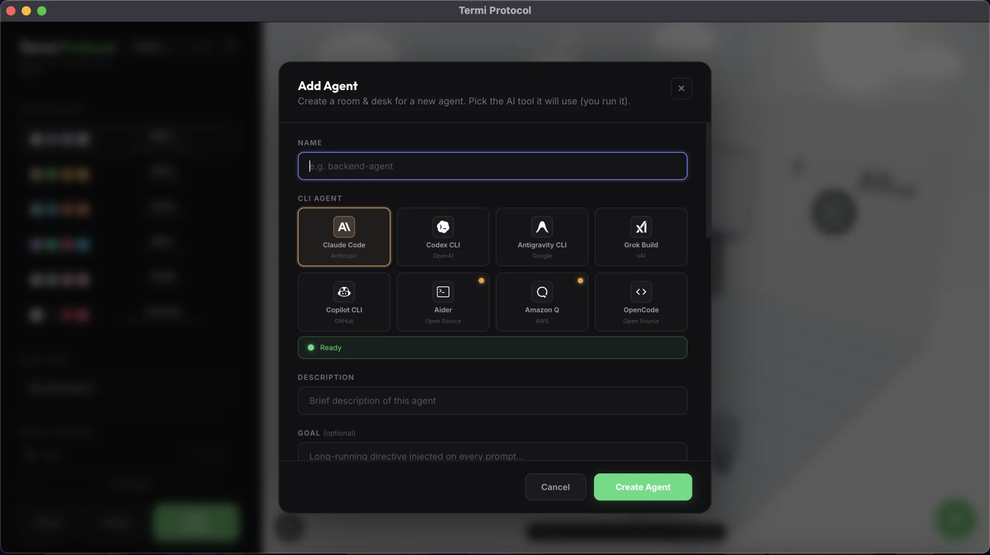 The Add Agent modal for choosing an AI coding CLI