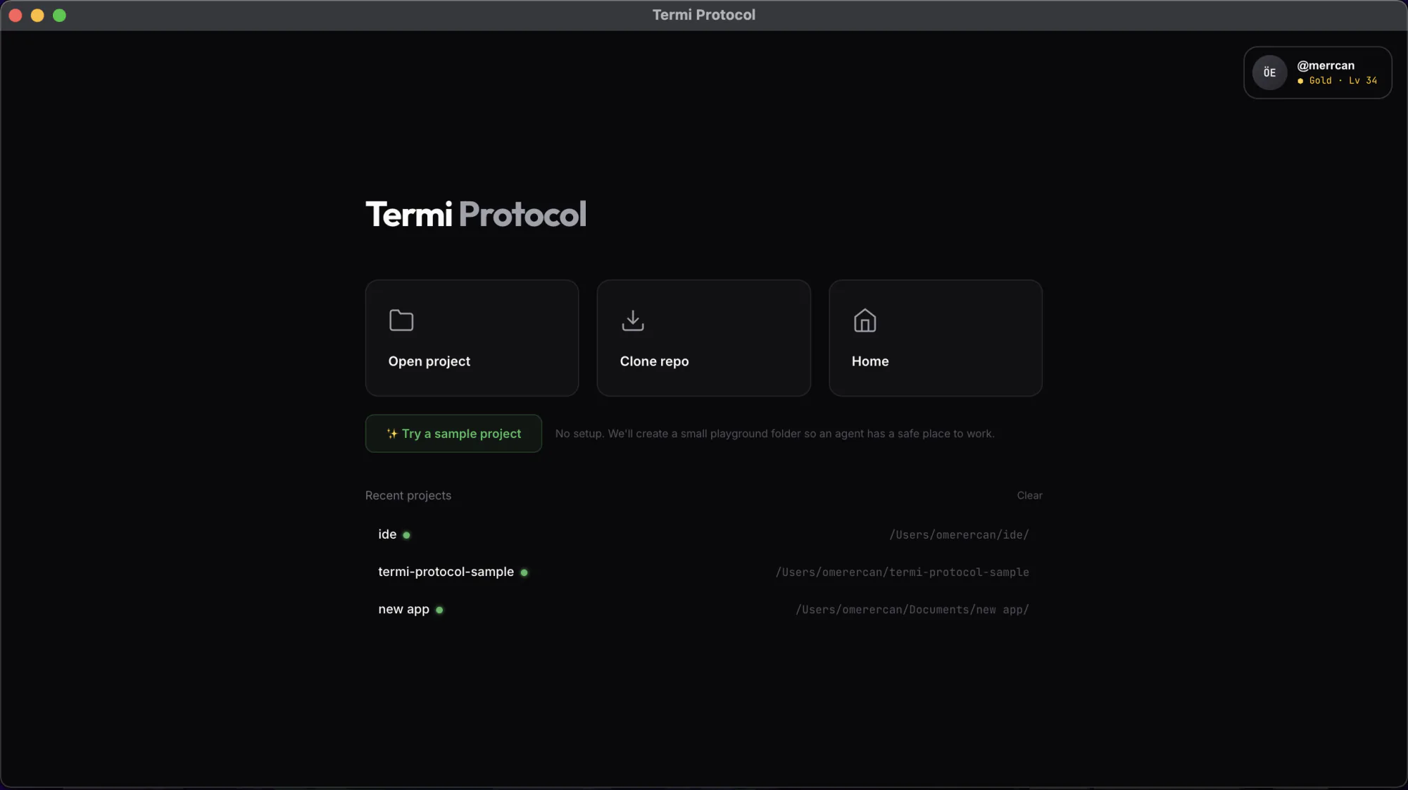 The Termi Protocol home screen after signing in