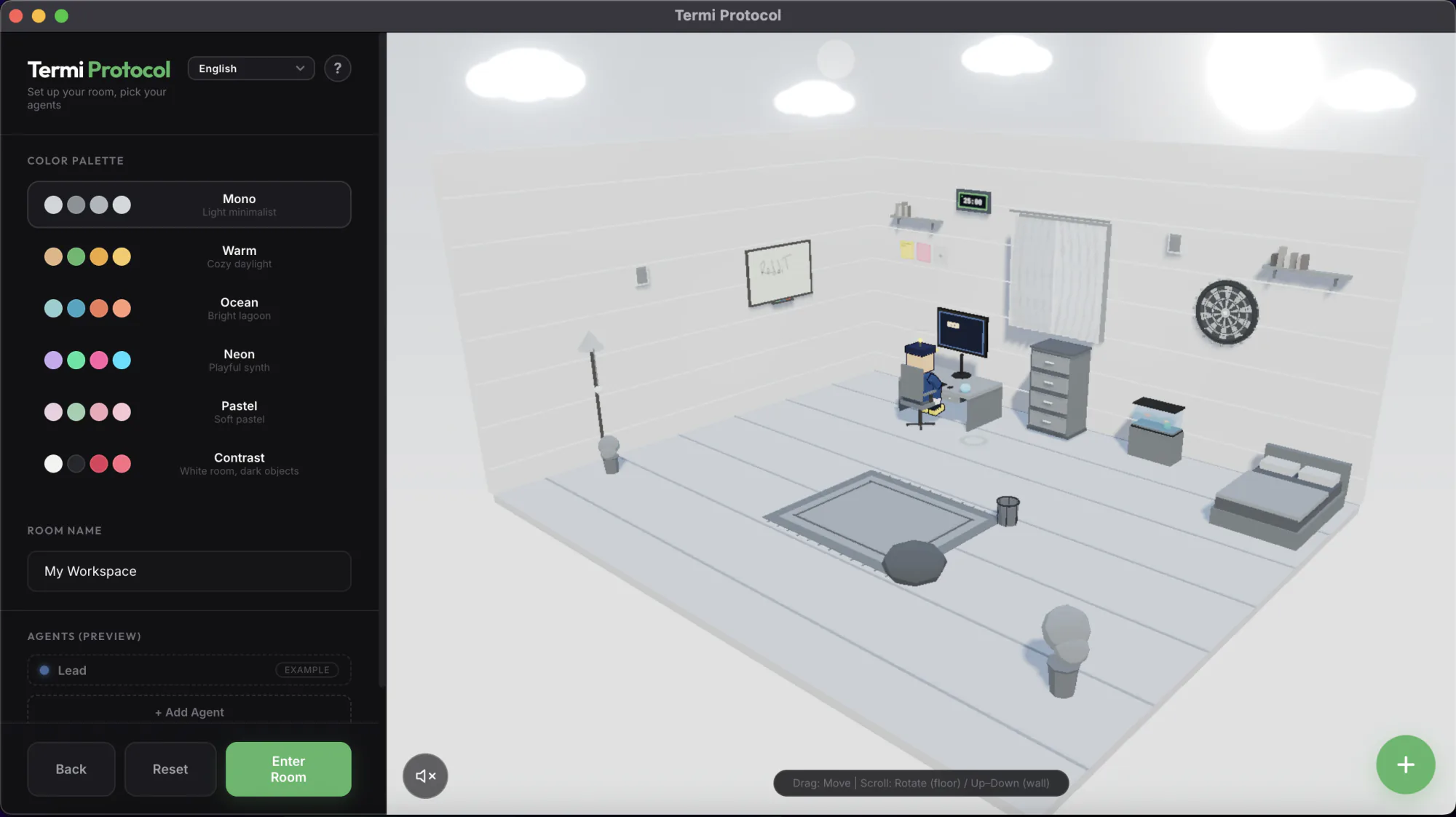 An agent working live in a 3D room