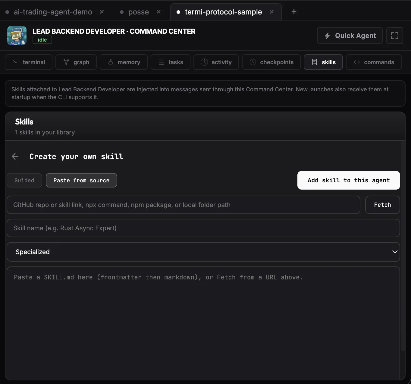 The Termi Protocol skill picker: create your own skill, or paste from a source — a GitHub repo or skill link, an npx command, or a local folder path — then add it to the agent