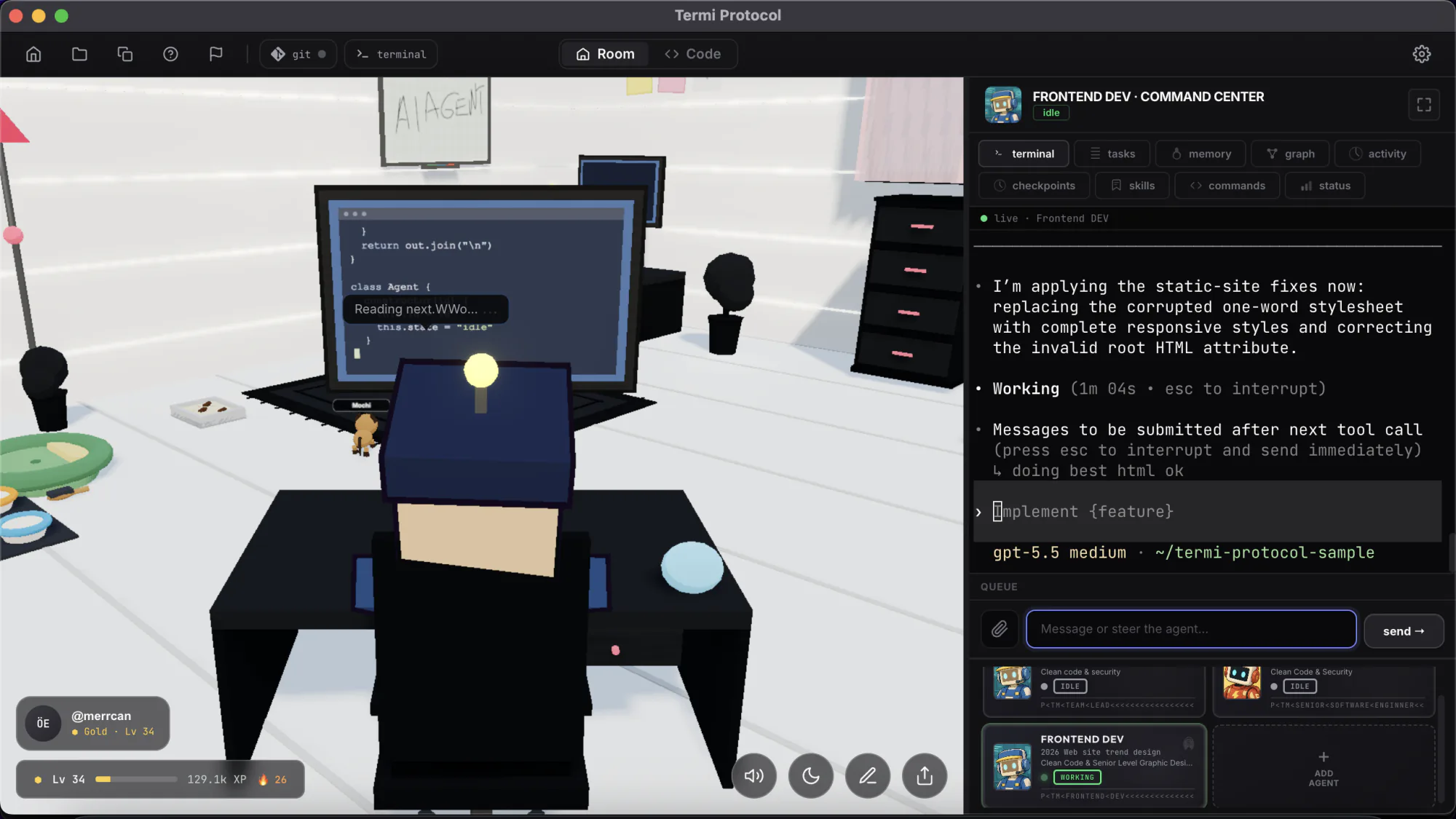 An AI coding agent writing code at its desk in a 3D room with the Command Center open beside it