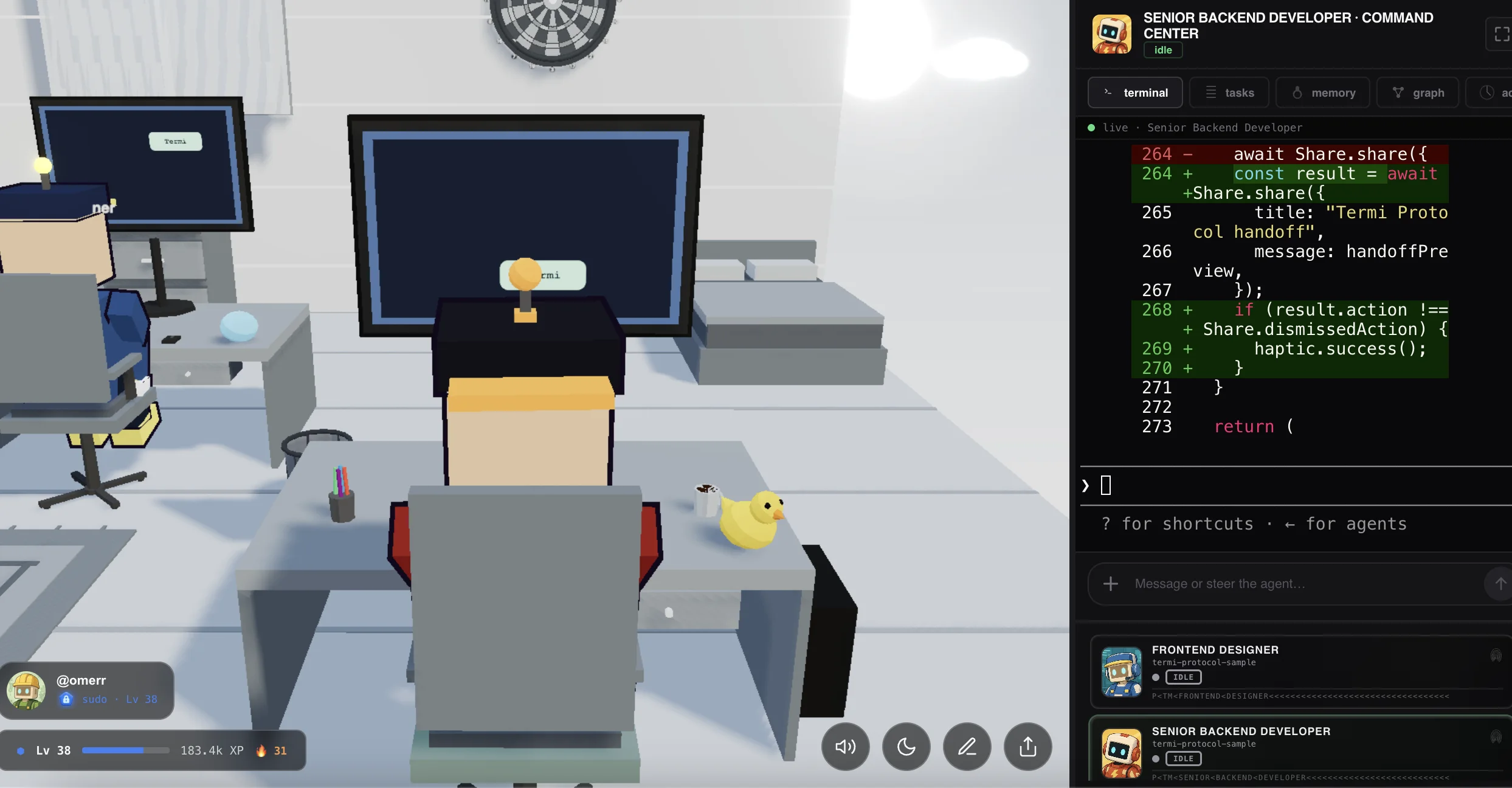 A vibe coding session in The Termi Protocol: AI coding agents at their desks in a 3D room while the Command Center shows the diff being written