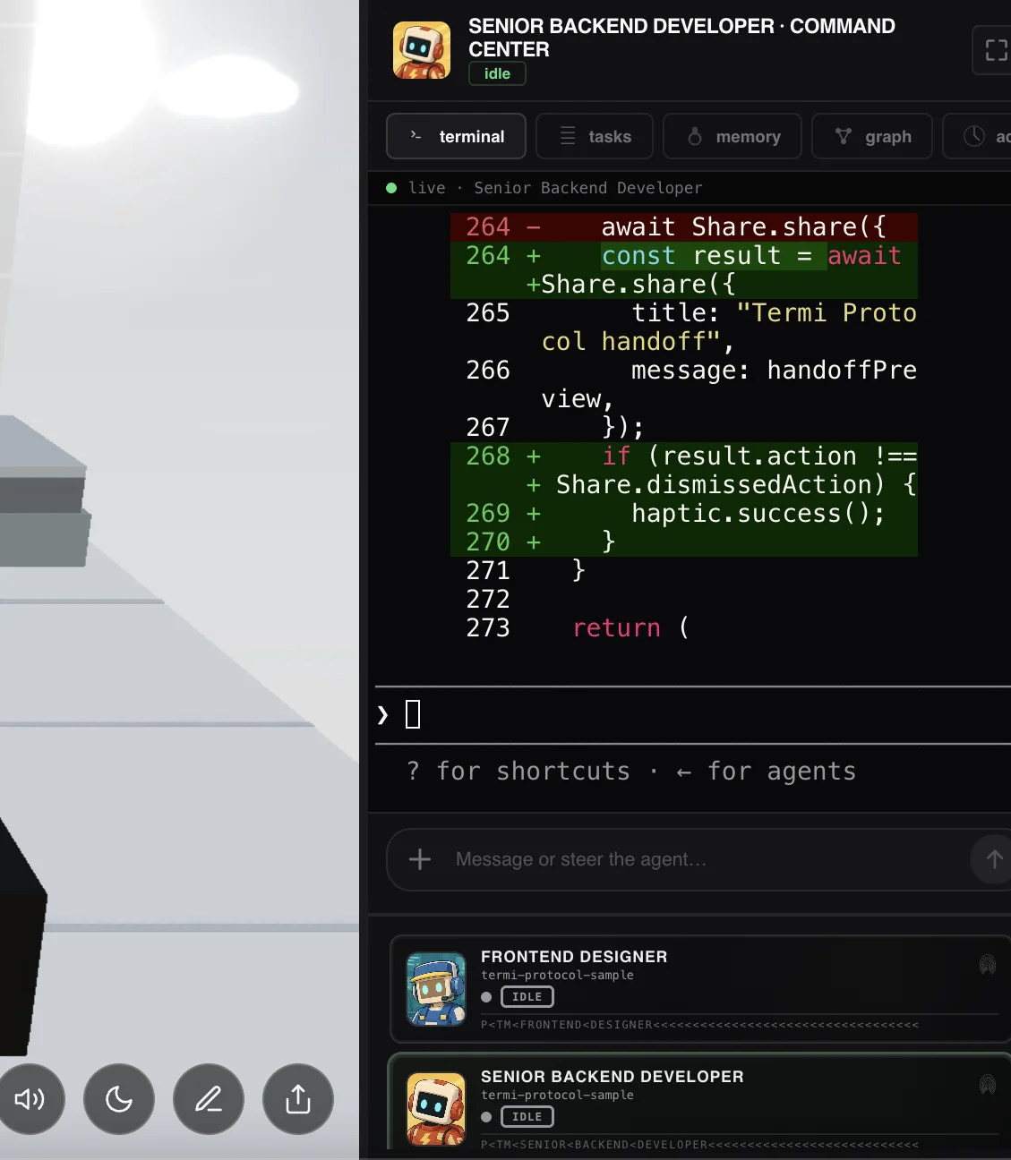 The Command Center of a vibe coding workspace showing an AI agent's live terminal, code diff and agent roster
