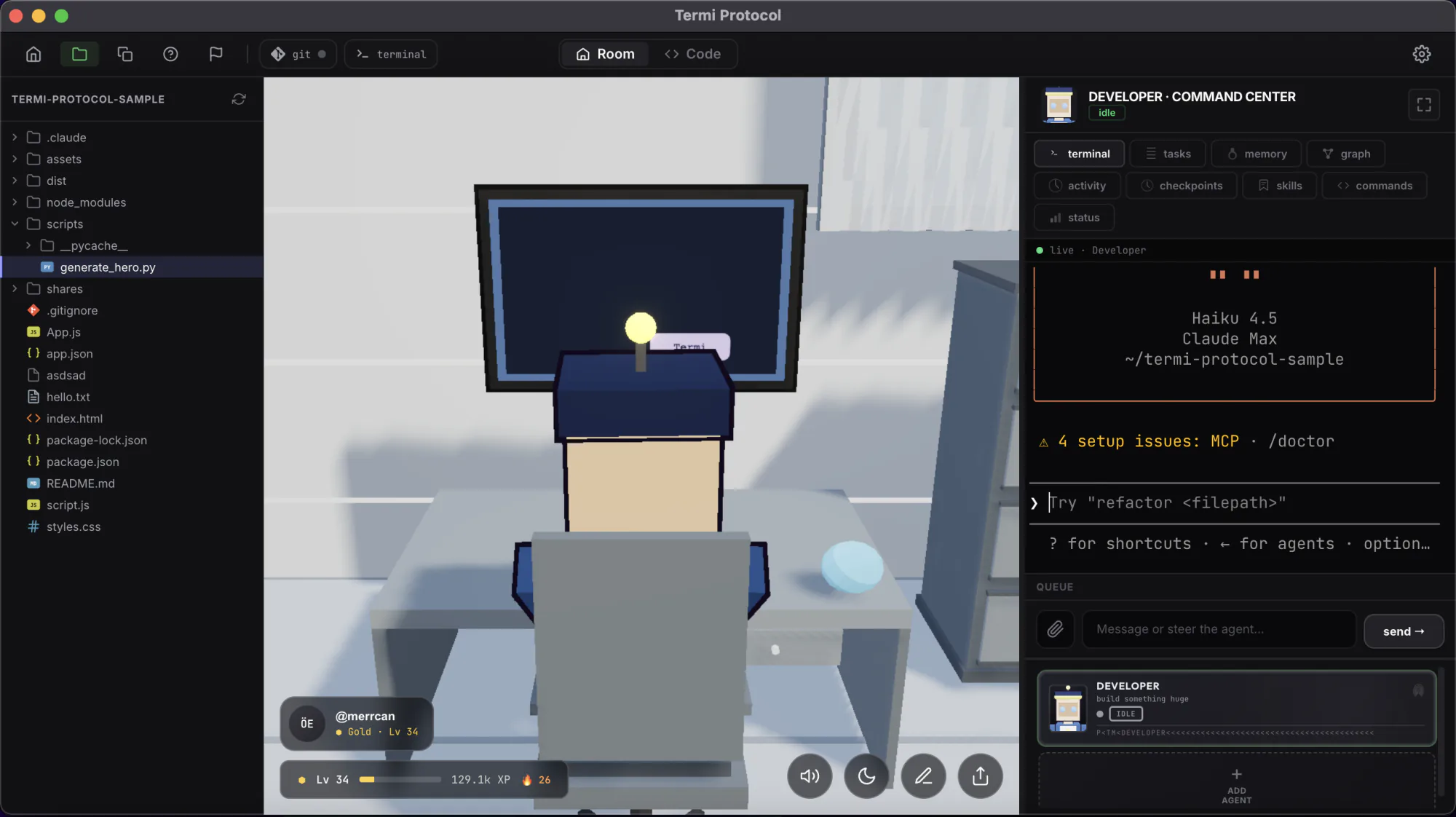 The Command Center beside a live 3D agent room