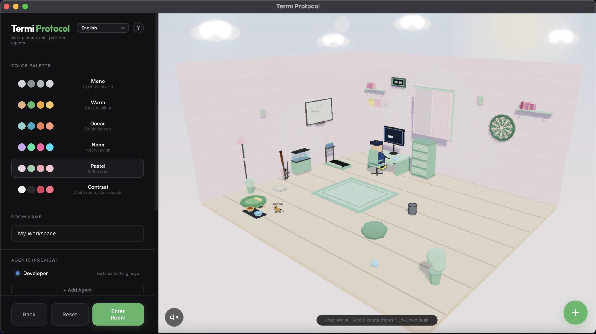 The room editor with furniture, toys and focus tools