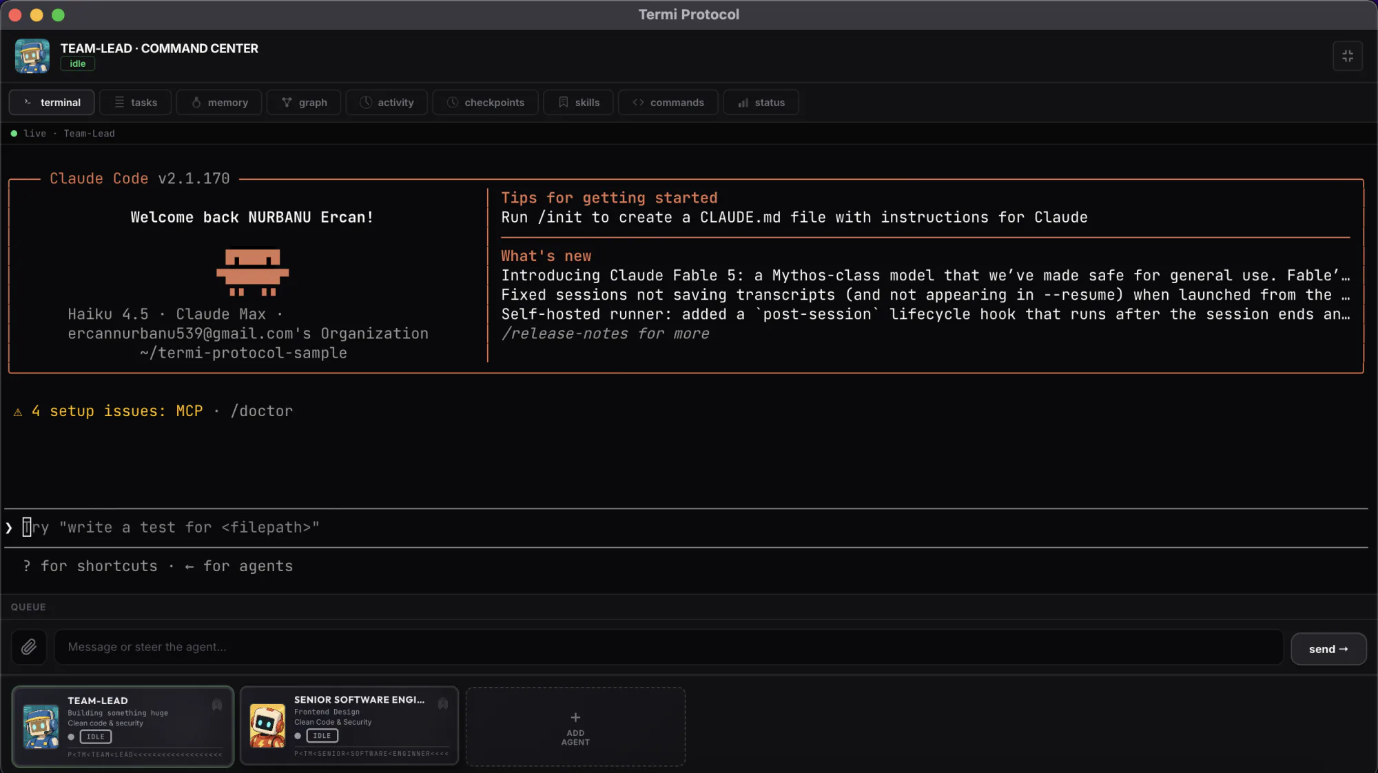 The Command Center with the code editor and live agent status open