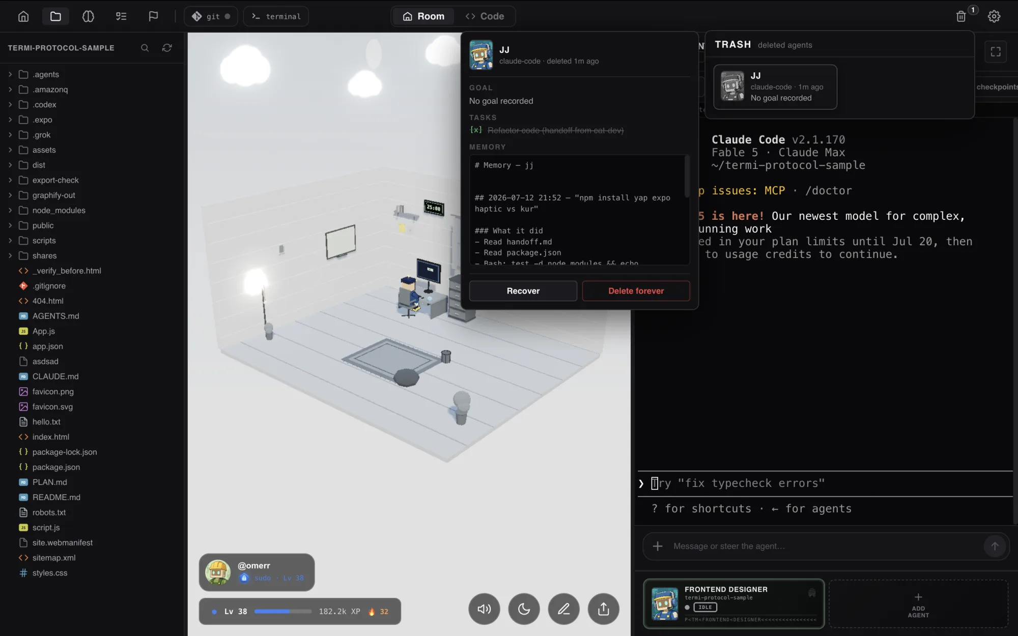 An agent's saved memory and history preserved in the room, with a recover option