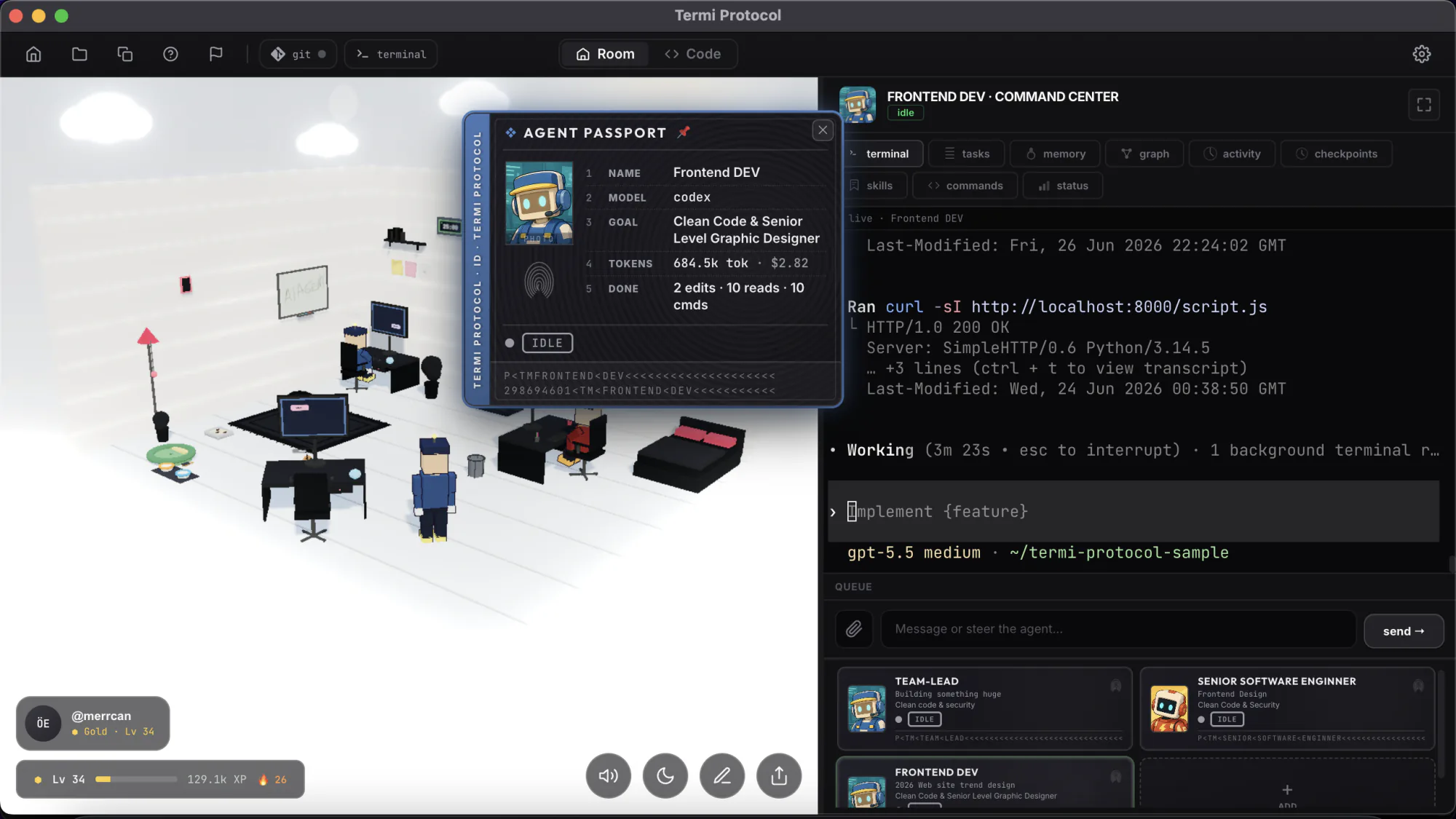 An agent passport showing its name, model, goal, live tokens and cost
