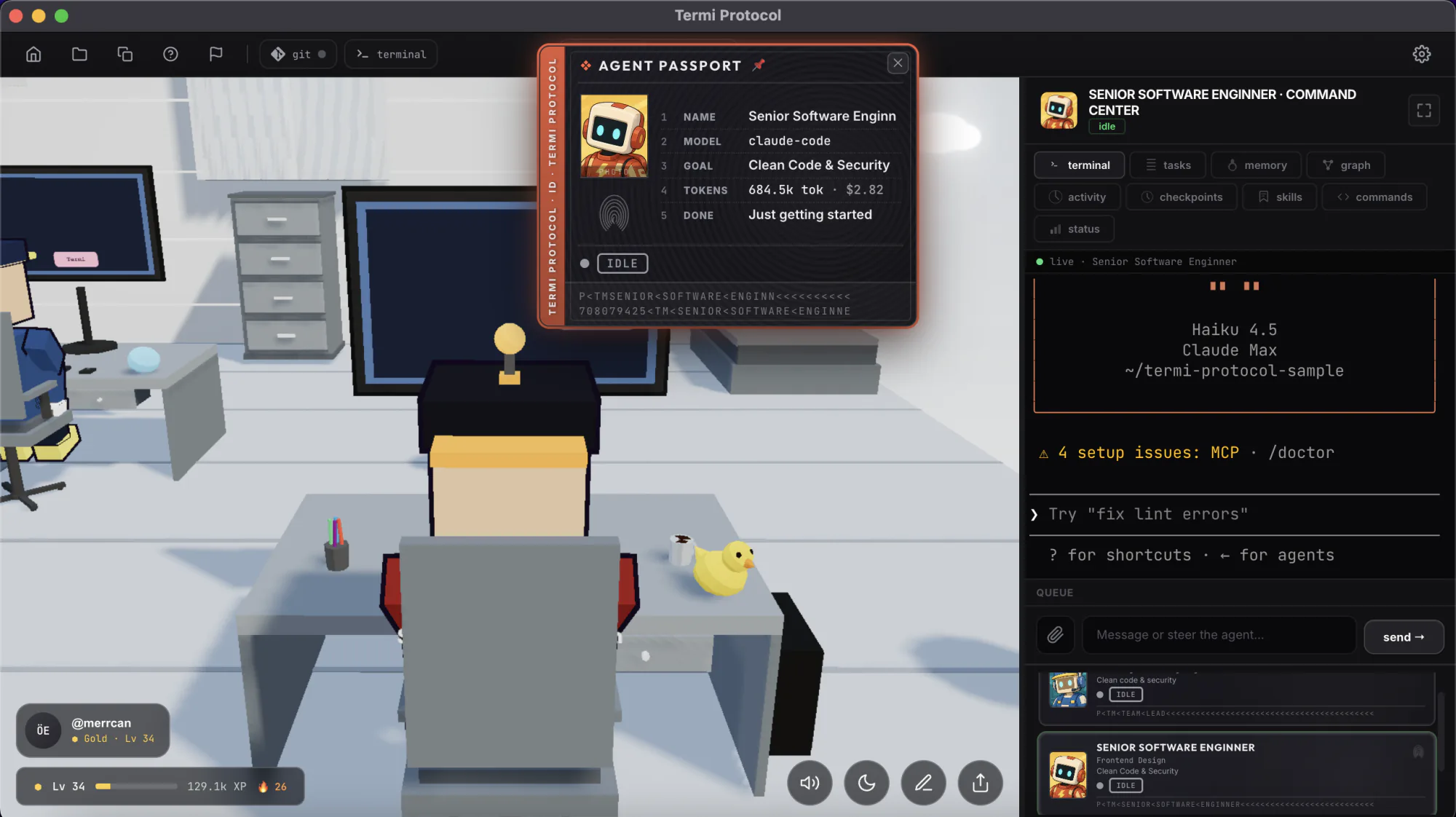The Termi Protocol workspace: an agent coding at its desk with the Command Center open